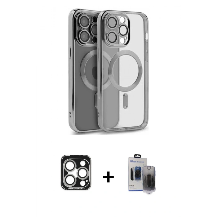 MARSİLYAN™- iPhone 15 Pro Max Kılıf Nova Işık Özel Seri - Siyah Vanessa Magic Hayalet Cam + Gümüş PVD Metal Kamera Lens