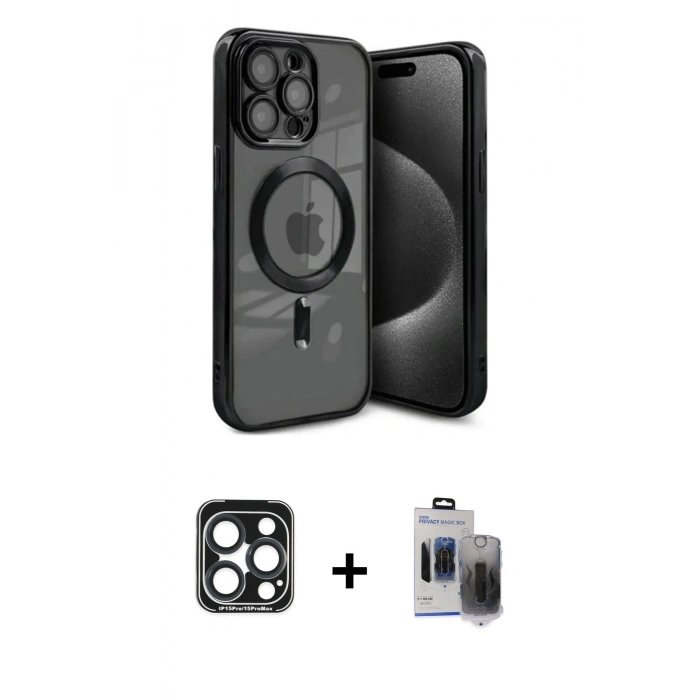 MARSİLYAN™- iPhone 15 Pro Max Kılıf Nova Işık Özel Seri - Siyah Vanessa Magic Hayalet Cam + PVD Metal Kamera Lens - LT