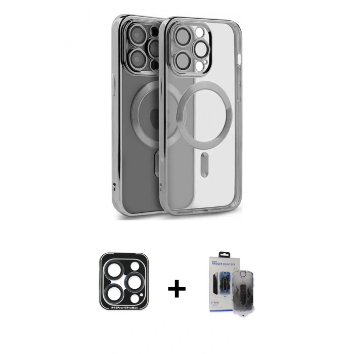 MARSİLYAN™- iPhone 15 Pro Max Kılıf Nova Işık Özel Seri - Siyah Vanessa Magic Hayalet Cam + PVD Metal Kamera Lens - LT