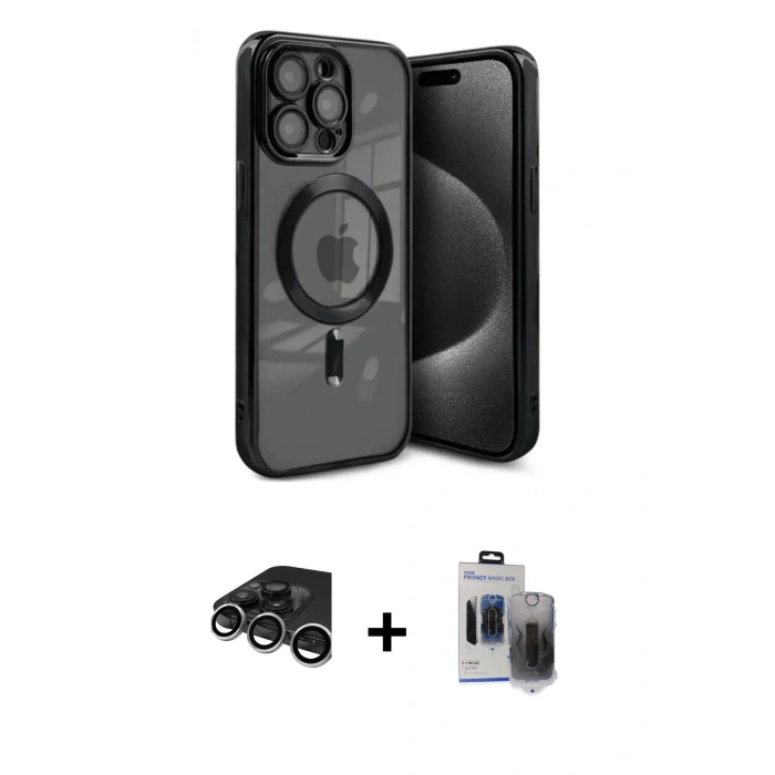 MARSİLYAN™- iPhone 15 Pro Max Kılıf Nova Işık Özel Seri - Siyah Vanessa Magic Hayalet Cam + Raze Metal Kamera Lens - GS