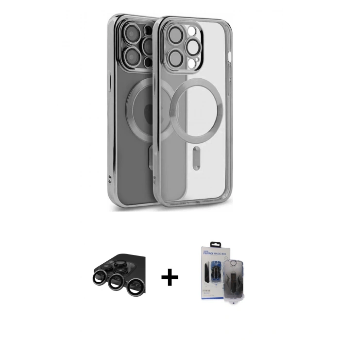 MARSİLYAN™- iPhone 15 Pro Max Kılıf Nova Işık Özel Seri - Siyah Vanessa Magic Hayalet Cam + Raze Metal Kamera Lens - TMGI