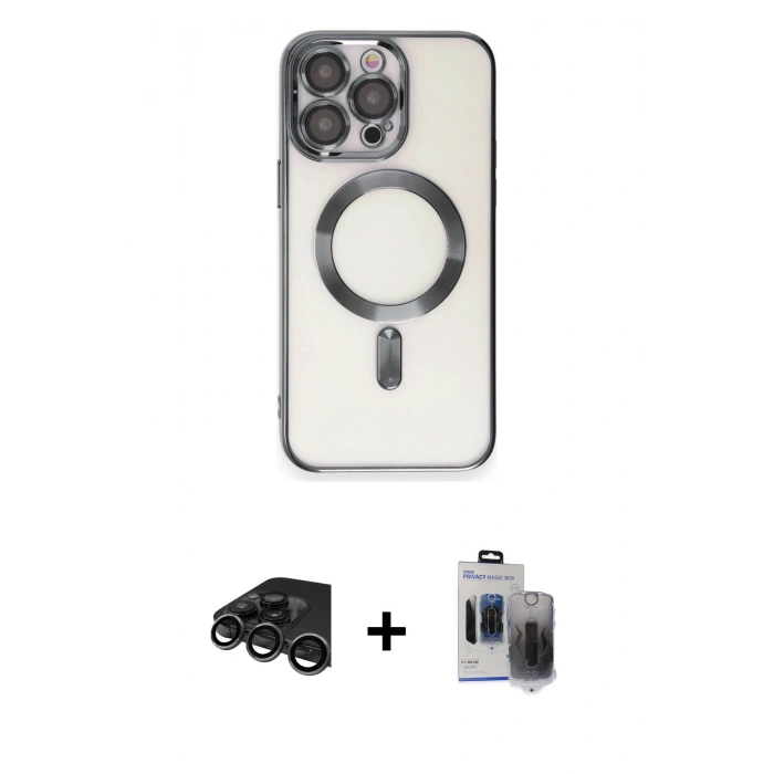 MARSİLYAN™- iPhone 15 Pro Max Kılıf Nova Işık Özel Seri - Siyah Vanessa Magic Hayalet Cam + Raze Metal Kamera Lens - TMGI