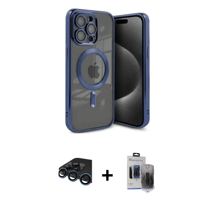 MARSİLYAN™- iPhone 15 Pro Max Kılıf Nova Işık Özel Seri - Siyah Vanessa Magic Hayalet Cam + Raze Metal Kamera Lens - LT