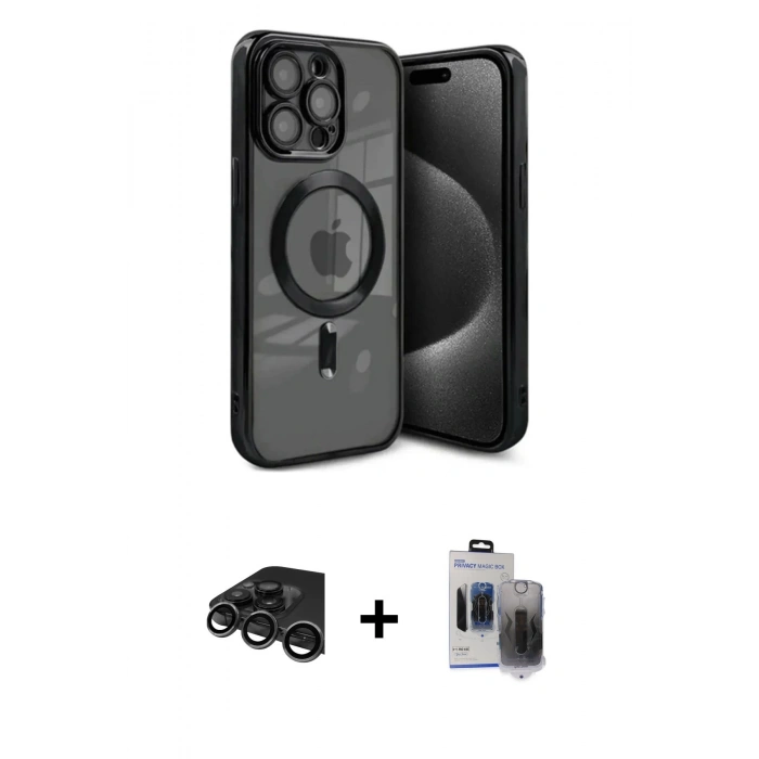 MARSİLYAN™- iPhone 15 Pro Max Kılıf Nova Işık Özel Seri - Siyah Vanessa Magic Hayalet Cam + Raze Metal Kamera Lens - TMGI