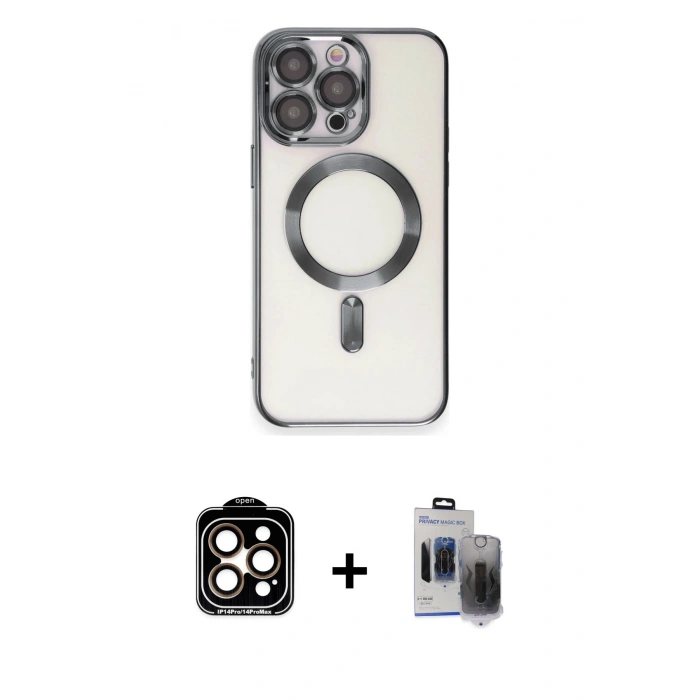 MARSİLYAN™- iPhone 15 Pro Max Kılıf Nova Işık Özel Seri - Siyah Vanessa Magic Hayalet Cam + Turuncu PVD Metal Kamera Lens