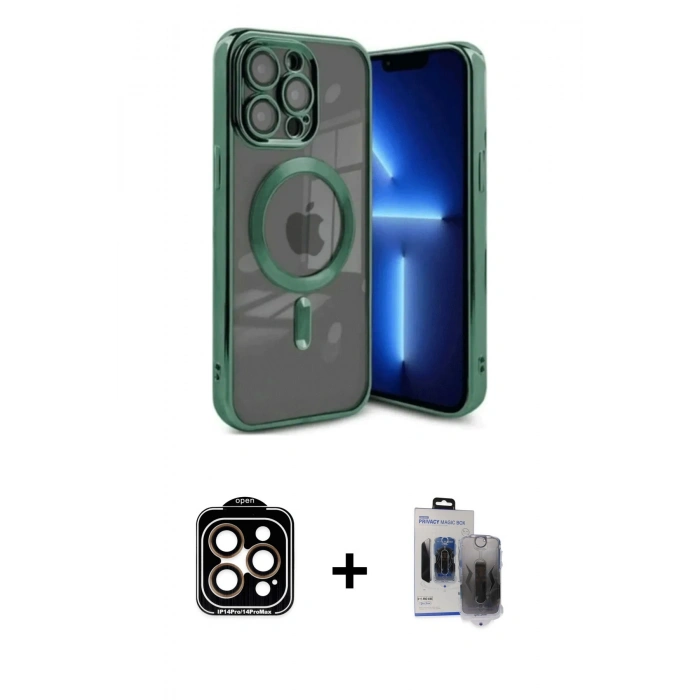 MARSİLYAN™- iPhone 15 Pro Max Kılıf Nova Işık Özel Seri - Siyah Vanessa Magic Hayalet Cam + Turuncu PVD Metal Kamera Lens