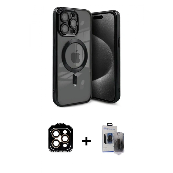 MARSİLYAN™- iPhone 15 Pro Max Kılıf Nova Işık Özel Seri - Siyah Vanessa Magic Hayalet Cam + Turuncu PVD Metal Kamera Lens