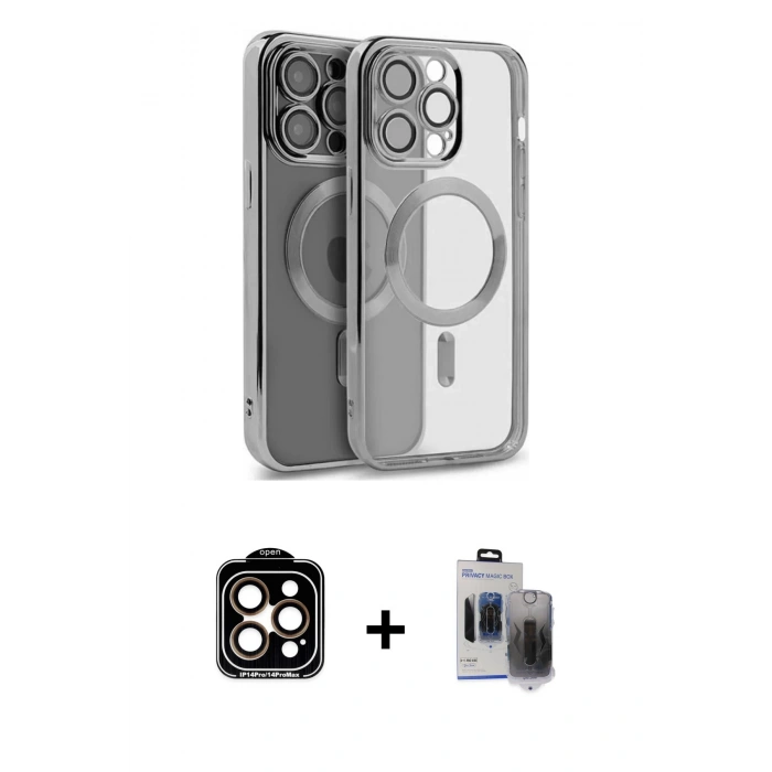MARSİLYAN™- iPhone 15 Pro Max Kılıf Nova Işık Özel Seri - Siyah Vanessa Magic Hayalet Cam + Turuncu PVD Metal Kamera Lens