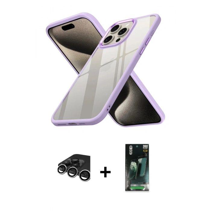 MARSİLYAN™- iPhone 15 Pro Max Kılıf Nova Işık Serisi - Şeffaf 360 Full Body Arka Koruyucu + Raze Metal Kamera Lens - GS