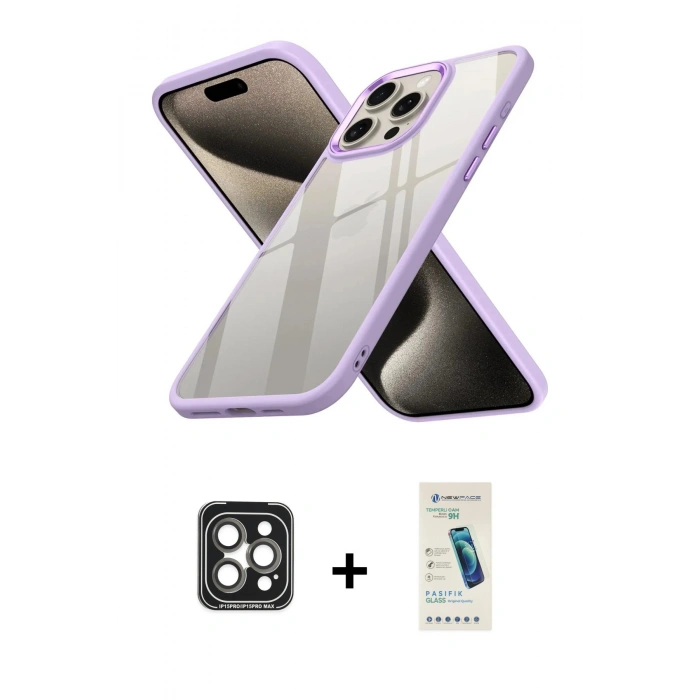 MARSİLYAN™- iPhone 15 Pro Max Kılıf Nova Işık Serisi - Şeffaf Pasifik Cam Ekran Koruyucu + PVD Metal Kamera Lens - GI