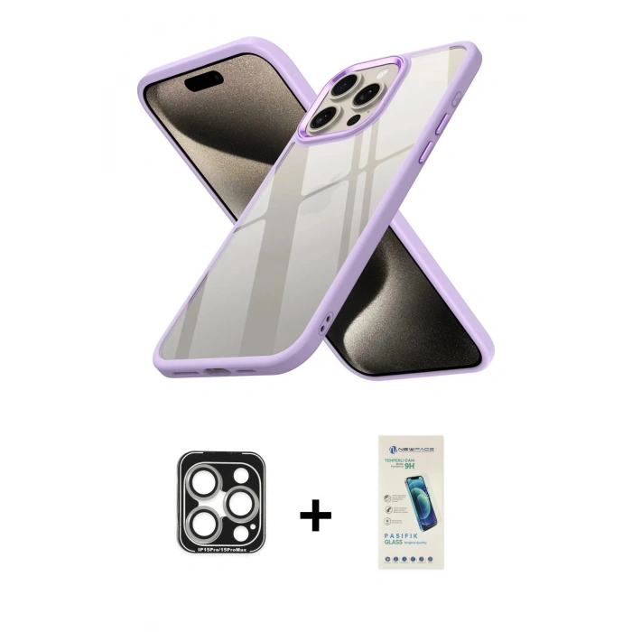 MARSİLYAN™- iPhone 15 Pro Max Kılıf Nova Işık Serisi - Şeffaf Pasifik Cam Ekran Koruyucu + PVD Metal Kamera Lens - GS