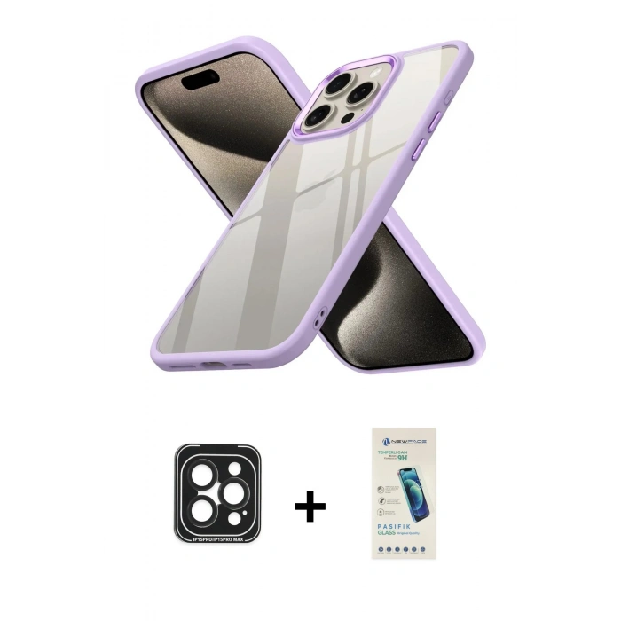 MARSİLYAN™- iPhone 15 Pro Max Kılıf Nova Işık Serisi - Şeffaf Pasifik Cam Ekran Koruyucu + PVD Metal Kamera Lens - SH