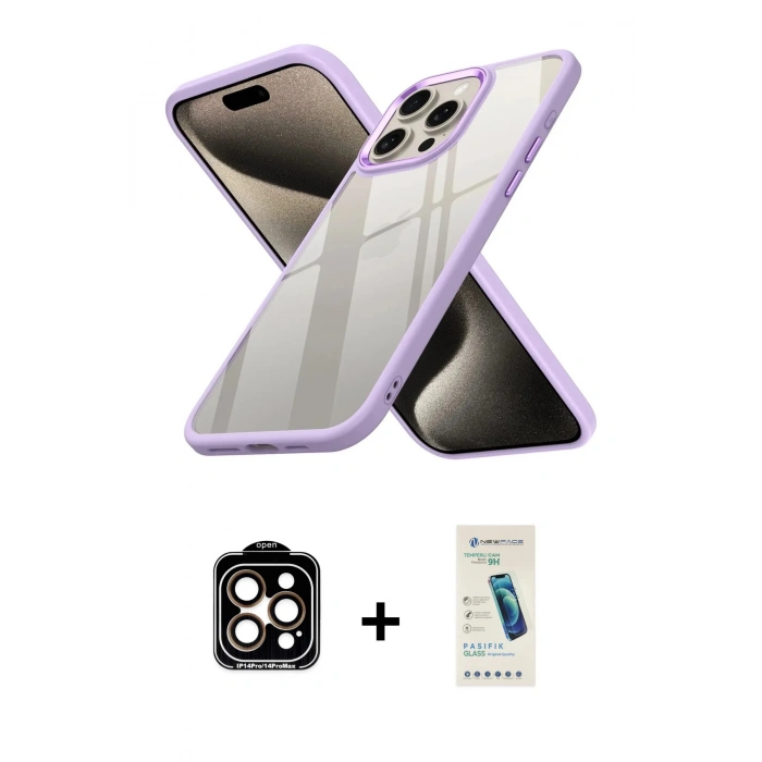 MARSİLYAN™- iPhone 15 Pro Max Kılıf Nova Işık Serisi - Şeffaf Pasifik Cam Ekran Koruyucu + PVD Metal Kamera Lens - TU