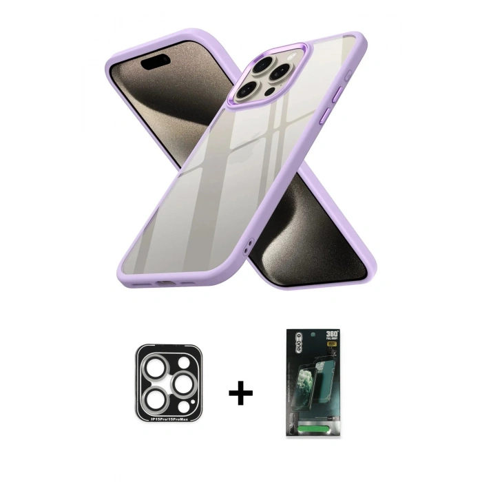 MARSİLYAN™- iPhone 15 Pro Max Kılıf Nova Işık Serisi - Siyah 360 Mat Full Body Arka Koruyucu + PVD Metal Kamera Lens - GS