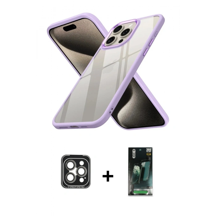 MARSİLYAN™- iPhone 15 Pro Max Kılıf Nova Işık Serisi - Siyah 360 Mat Full Body Arka Koruyucu + PVD Metal Kamera Lens - GI