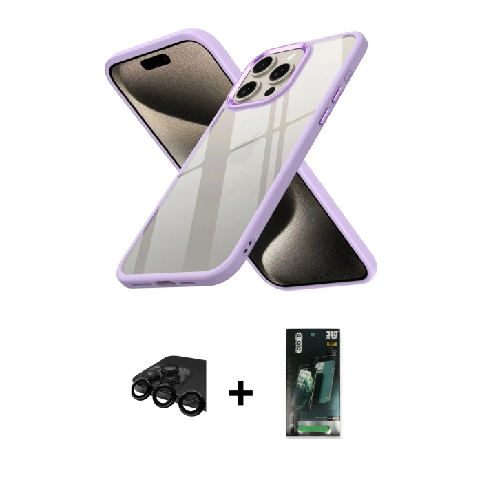 MARSİLYAN™- iPhone 15 Pro Max Kılıf Nova Işık Serisi - Siyah 360 Mat Full Body Arka Koruyucu + Raze Metal Kamera Lens - SH