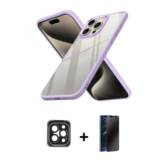 MARSİLYAN™- iPhone 15 Pro Max Kılıf Nova Işık Serisi - Siyah 3D Antistatik Hayalet Cam Ekran Koruyucu + PVD Metal Kamera Lens - SH
