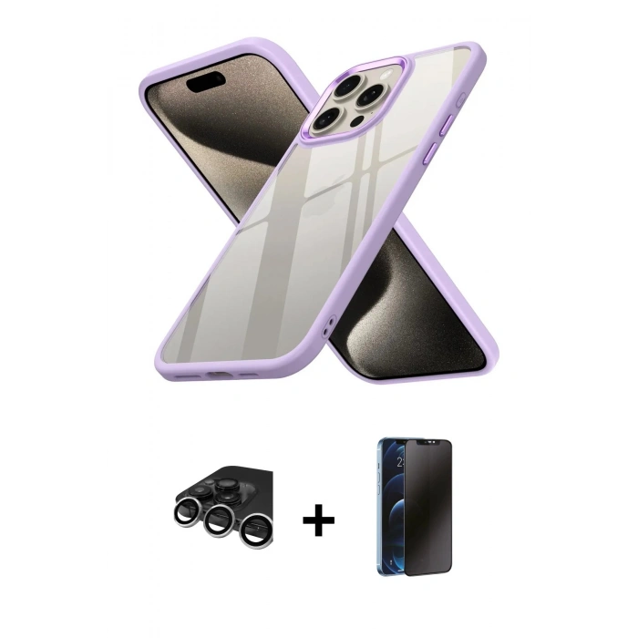 MARSİLYAN™- iPhone 15 Pro Max Kılıf Nova Işık Serisi - Siyah 3D Antistatik Hayalet Cam Ekran Koruyucu + Raze Metal Kamera Lens - GS