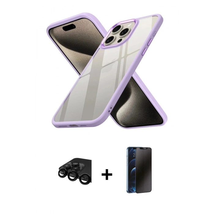 MARSİLYAN™- iPhone 15 Pro Max Kılıf Nova Işık Serisi - Siyah 3D Antistatik Hayalet Cam Ekran Koruyucu + Raze Metal Kamera Lens - SH
