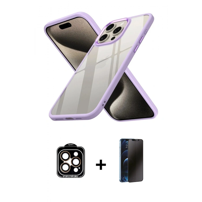 MARSİLYAN™- iPhone 15 Pro Max Kılıf Nova Işık Serisi - Siyah 3D Antistatik Hayalet Cam Ekran Koruyucu + PVD Metal Kamera Lens - TU