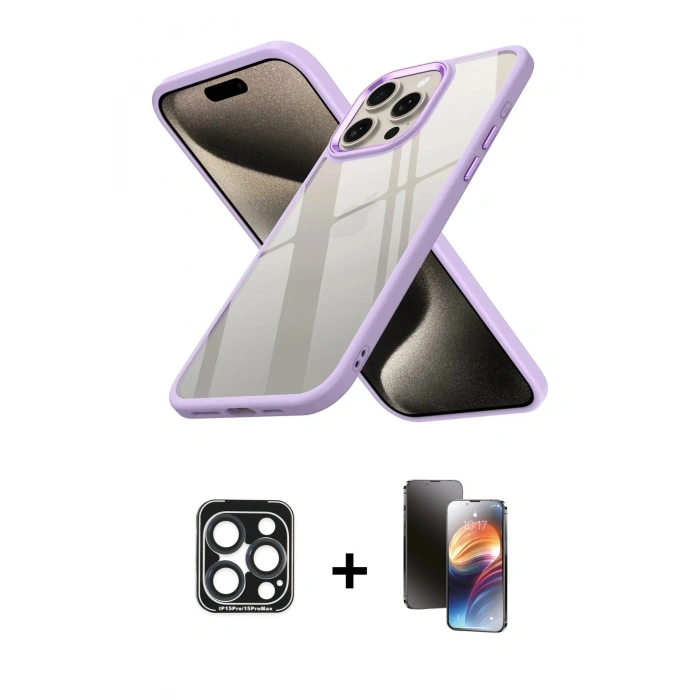 MARSİLYAN™- iPhone 15 Pro Max Kılıf Nova Işık Serisi - Siyah 3D Antistatik Mat Seramik Nano Ekran Koruyucu + PVD Metal Kamera Lens - LT