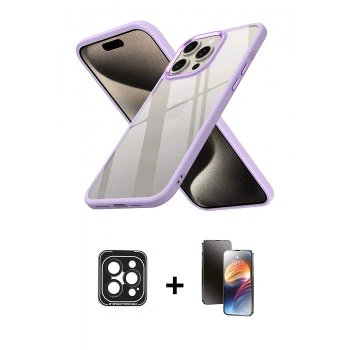 MARSİLYAN™- iPhone 15 Pro Max Kılıf Nova Işık Serisi - Siyah 3D Antistatik Mat Seramik Nano Ekran Koruyucu + Siyah PVD Metal Kamera Lens