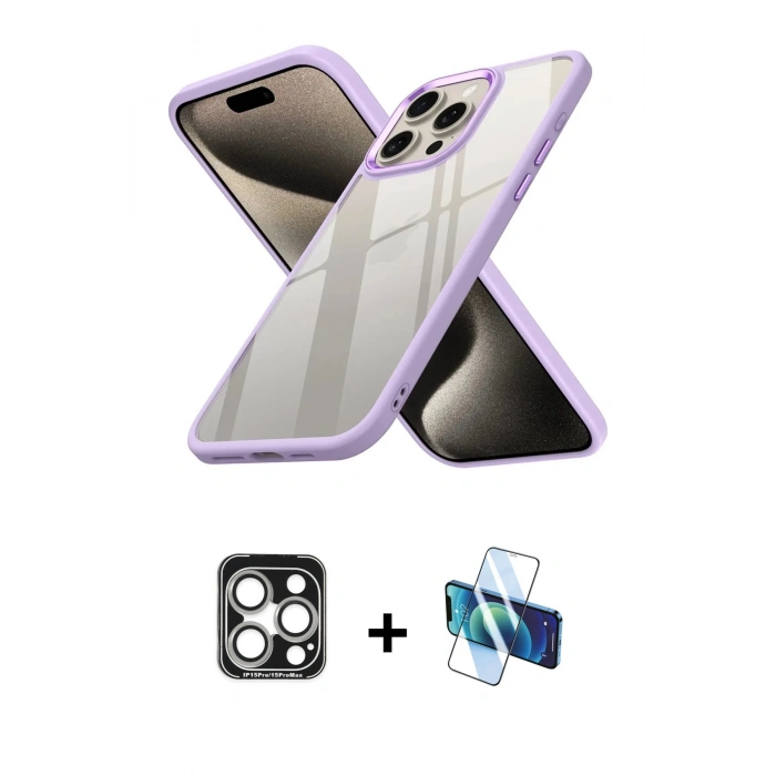 MARSİLYAN™- iPhone 15 Pro Max Kılıf Nova Işık Serisi - Siyah 3D Antistatik Seramik Nano Ekran Koruyucu + PVD Metal Kamera Lens - GS