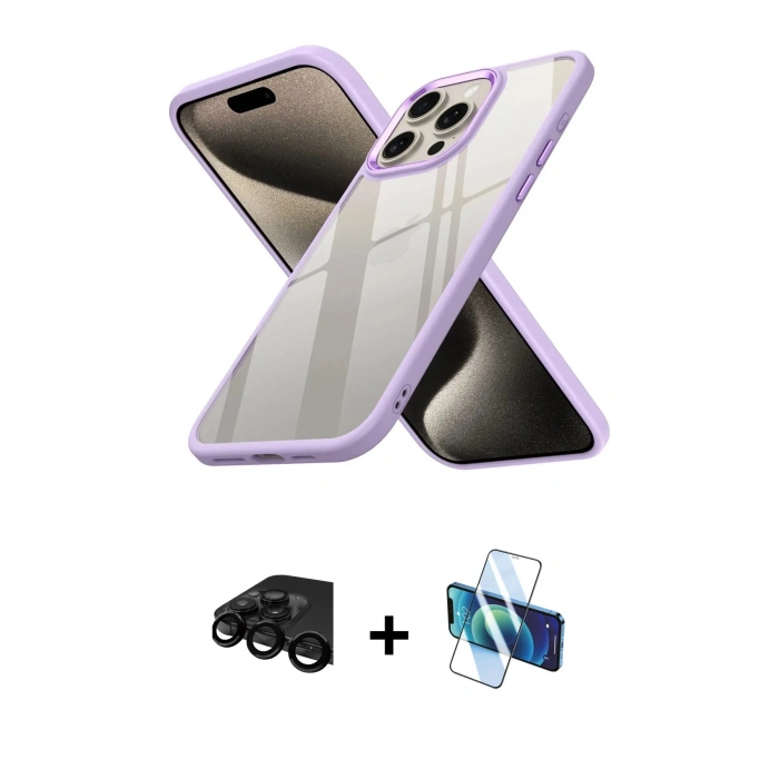 MARSİLYAN™- iPhone 15 Pro Max Kılıf Nova Işık Serisi - Siyah 3D Antistatik Seramik Nano Ekran Koruyucu + Raze Metal Kamera Lens - SH