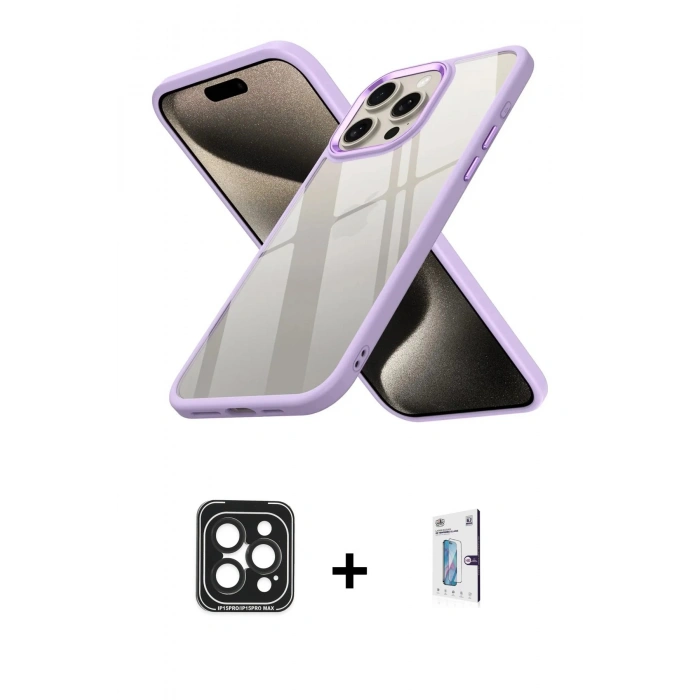 MARSİLYAN™- iPhone 15 Pro Max Kılıf Nova Işık Serisi - Siyah Bilvis 0.18mm Plus Cam Ekran Koruyucu + PVD Metal Kamera Lens - SH