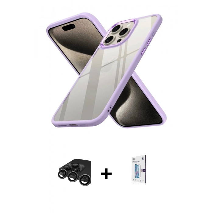MARSİLYAN™- iPhone 15 Pro Max Kılıf Nova Işık Serisi - Siyah Bilvis 0.18mm Plus Cam Ekran Koruyucu + Raze Metal Kamera Lens - TMGI