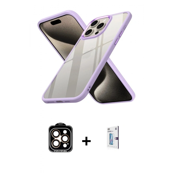 MARSİLYAN™- iPhone 15 Pro Max Kılıf Nova Işık Serisi - Siyah Bilvis 0.18mm Plus Cam Ekran Koruyucu + PVD Metal Kamera Lens - TU