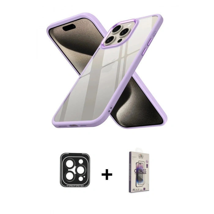 MARSİLYAN™- iPhone 15 Pro Max Kılıf Nova Işık Serisi - Siyah Bilvis 3D Cam Ekran Koruyucu + PVD Metal Kamera Lens - SH