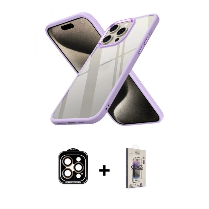 MARSİLYAN™- iPhone 15 Pro Max Kılıf Nova Işık Serisi - Siyah Bilvis 3D Cam Ekran Koruyucu + PVD Metal Kamera Lens - TU
