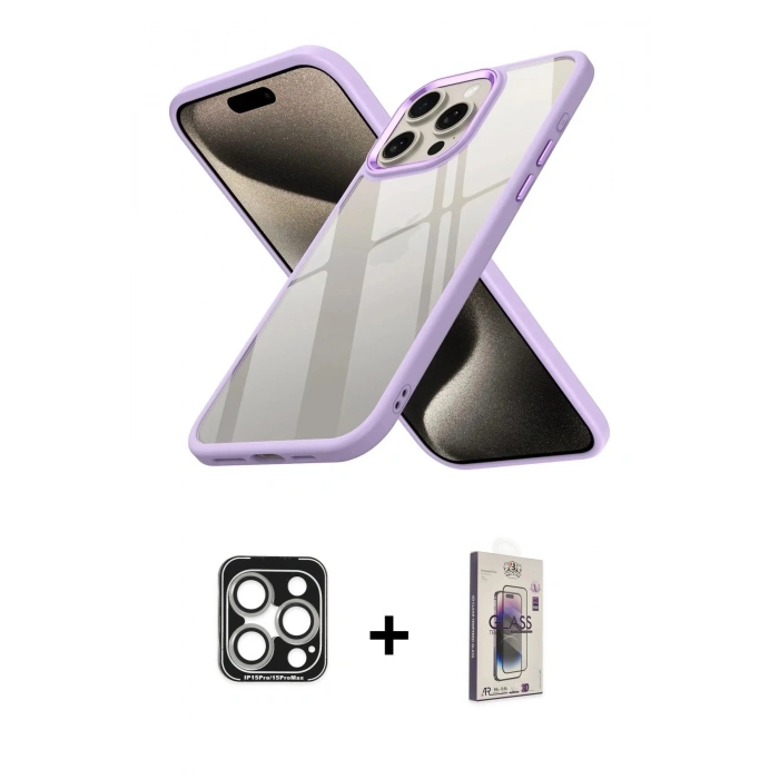 MARSİLYAN™- iPhone 15 Pro Max Kılıf Nova Işık Serisi - Siyah Bilvis 3D Cam Ekran Koruyucu + PVD Metal Kamera Lens - GS