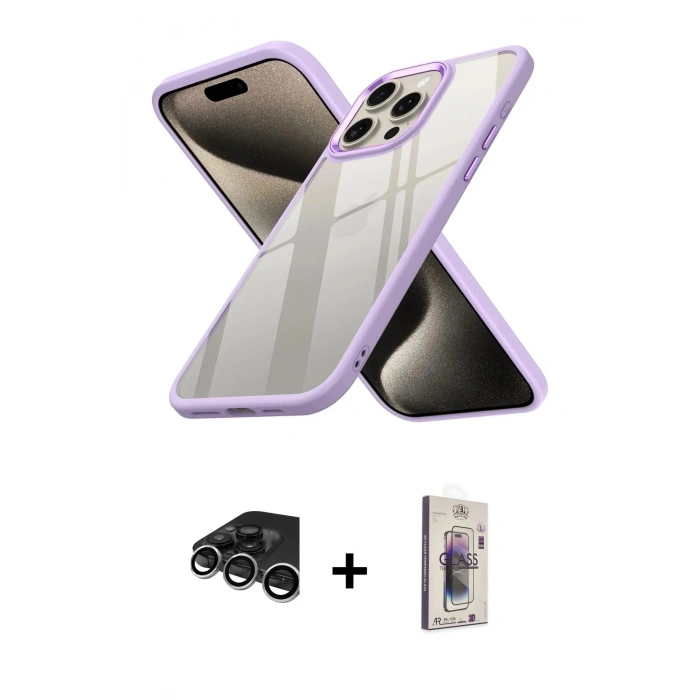 MARSİLYAN™- iPhone 15 Pro Max Kılıf Nova Işık Serisi - Siyah Bilvis 3D Cam Ekran Koruyucu + Raze Metal Kamera Lens - GS