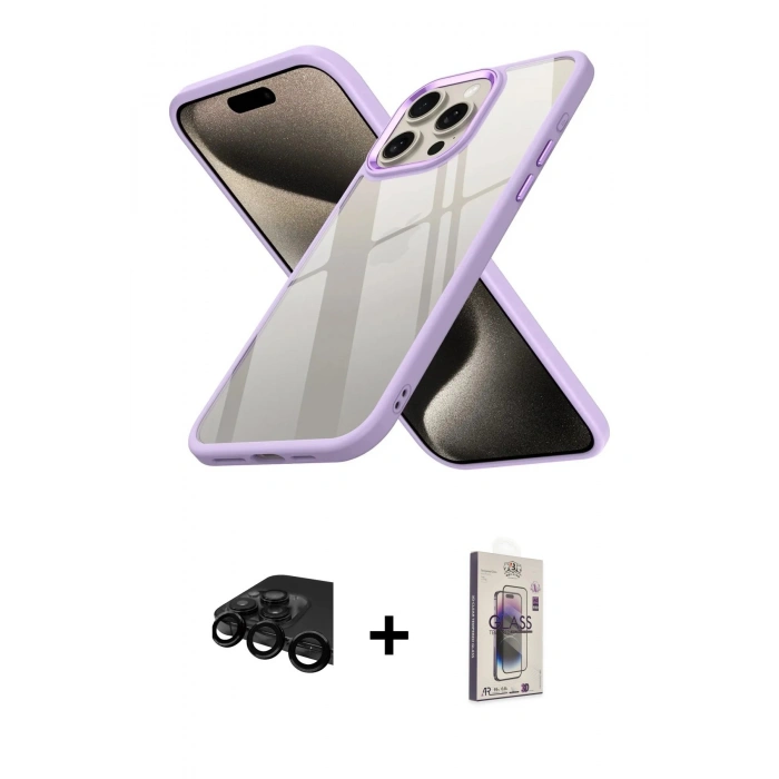 MARSİLYAN™- iPhone 15 Pro Max Kılıf Nova Işık Serisi - Siyah Bilvis 3D Cam Ekran Koruyucu + Raze Metal Kamera Lens - SH
