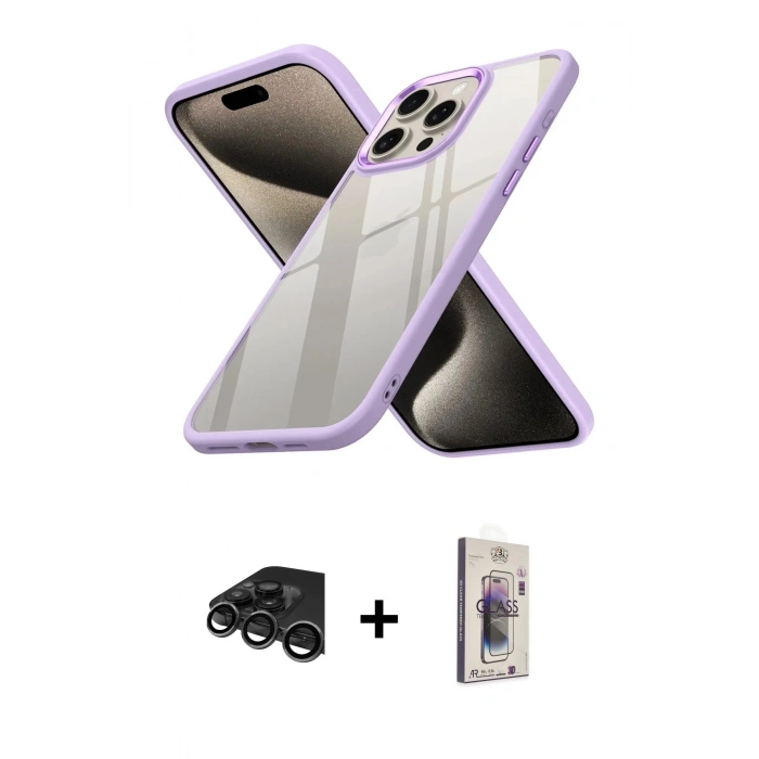 MARSİLYAN™- iPhone 15 Pro Max Kılıf Nova Işık Serisi - Siyah Bilvis 3D Cam Ekran Koruyucu + Raze Metal Kamera Lens - TMGI
