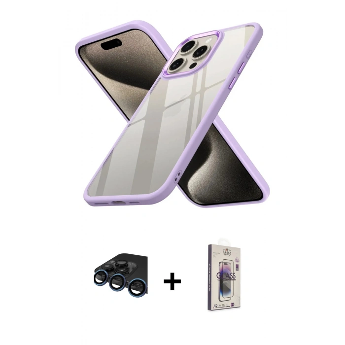 MARSİLYAN™- iPhone 15 Pro Max Kılıf Nova Işık Serisi - Siyah Bilvis 3D Cam Ekran Koruyucu + Raze Metal Kamera Lens - LT