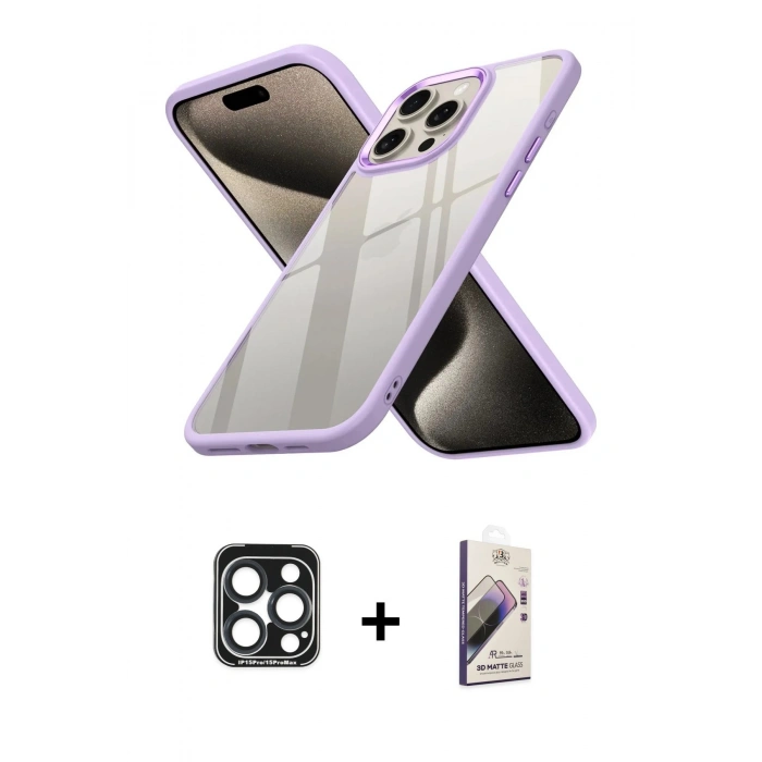 MARSİLYAN™- iPhone 15 Pro Max Kılıf Nova Işık Serisi - Siyah Bilvis 3D Mat Cam Ekran Koruyucu + PVD Metal Kamera Lens - LT