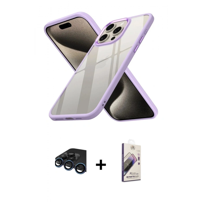 MARSİLYAN™- iPhone 15 Pro Max Kılıf Nova Işık Serisi - Siyah Bilvis 3D Mat Cam Ekran Koruyucu + Raze Metal Kamera Lens - LT