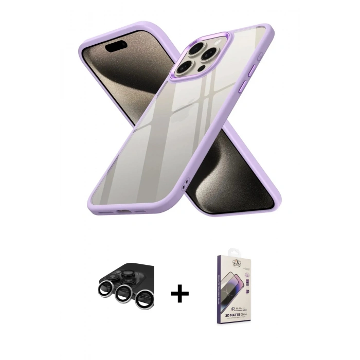 MARSİLYAN™- iPhone 15 Pro Max Kılıf Nova Işık Serisi - Siyah Bilvis 3D Mat Cam Ekran Koruyucu + Raze Metal Kamera Lens - GS