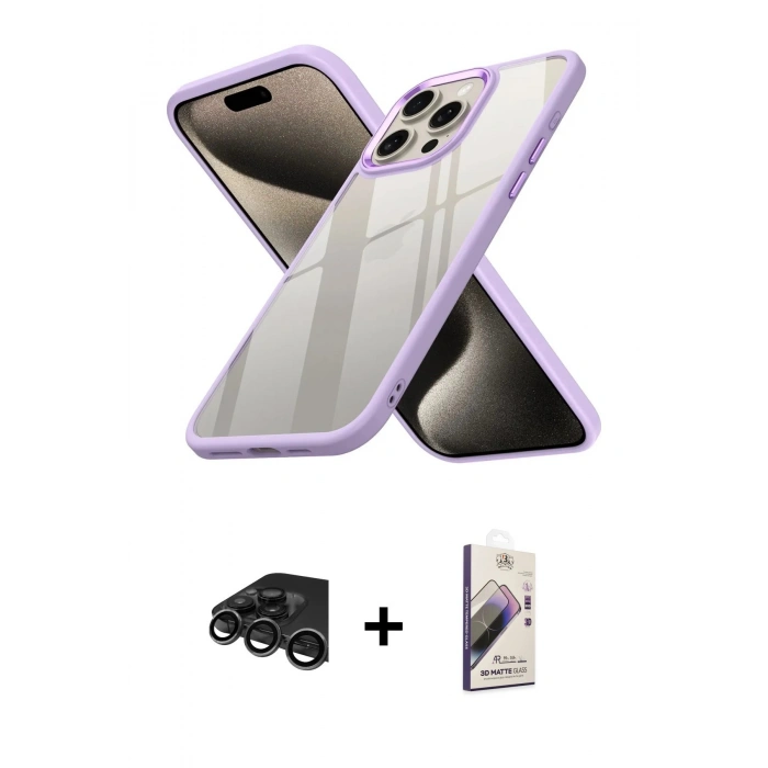 MARSİLYAN™- iPhone 15 Pro Max Kılıf Nova Işık Serisi - Siyah Bilvis 3D Mat Cam Ekran Koruyucu + Raze Metal Kamera Lens - TMGI