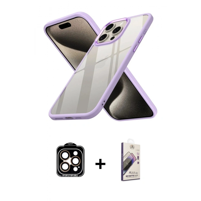 MARSİLYAN™- iPhone 15 Pro Max Kılıf Nova Işık Serisi - Siyah Bilvis 3D Mat Cam Ekran Koruyucu + Turuncu PVD Metal Kamera Lens