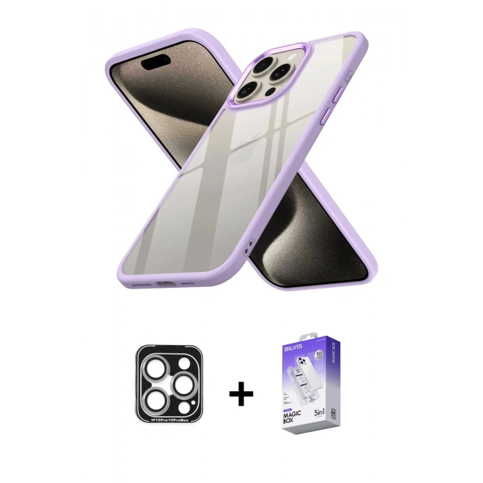 MARSİLYAN™- iPhone 15 Pro Max Kılıf Nova Işık Serisi - Siyah Bilvis 5in1 3D Magic Cam Ekran Koruyucu + PVD Metal Kamera Lens - GS