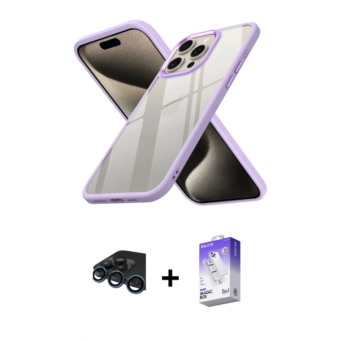 MARSİLYAN™- iPhone 15 Pro Max Kılıf Nova Işık Serisi - Siyah Bilvis 5in1 3D Magic Cam Ekran Koruyucu + Raze Metal Kamera Lens - LT