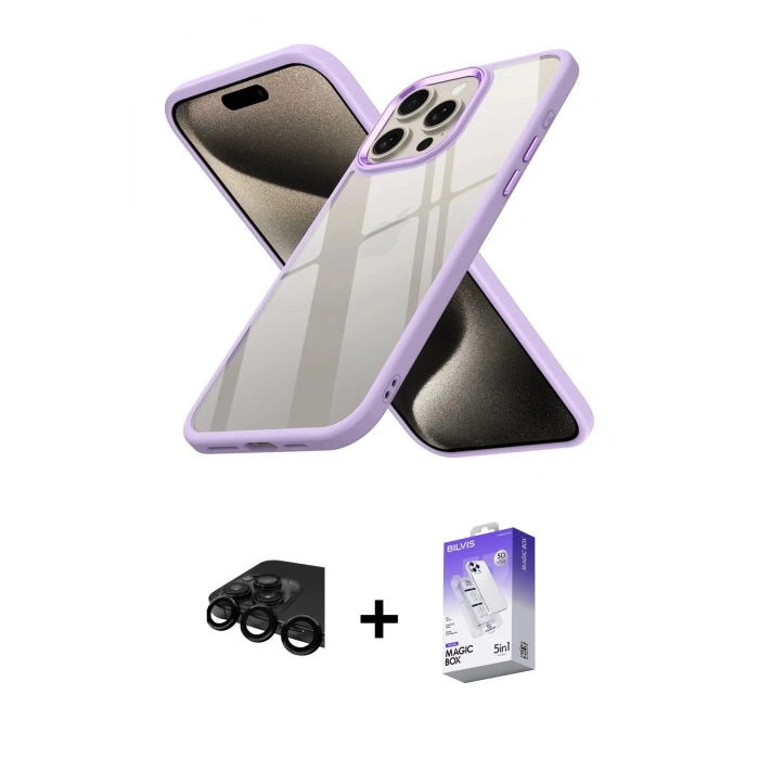 MARSİLYAN™- iPhone 15 Pro Max Kılıf Nova Işık Serisi - Siyah Bilvis 5in1 3D Magic Cam Ekran Koruyucu + Siyah Raze Metal Kamera Lens