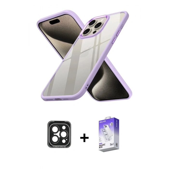 MARSİLYAN™- iPhone 15 Pro Max Kılıf Nova Işık Serisi - Siyah Bilvis 5in1 3D Magic Cam Ekran Koruyucu + PVD Metal Kamera Lens - SH