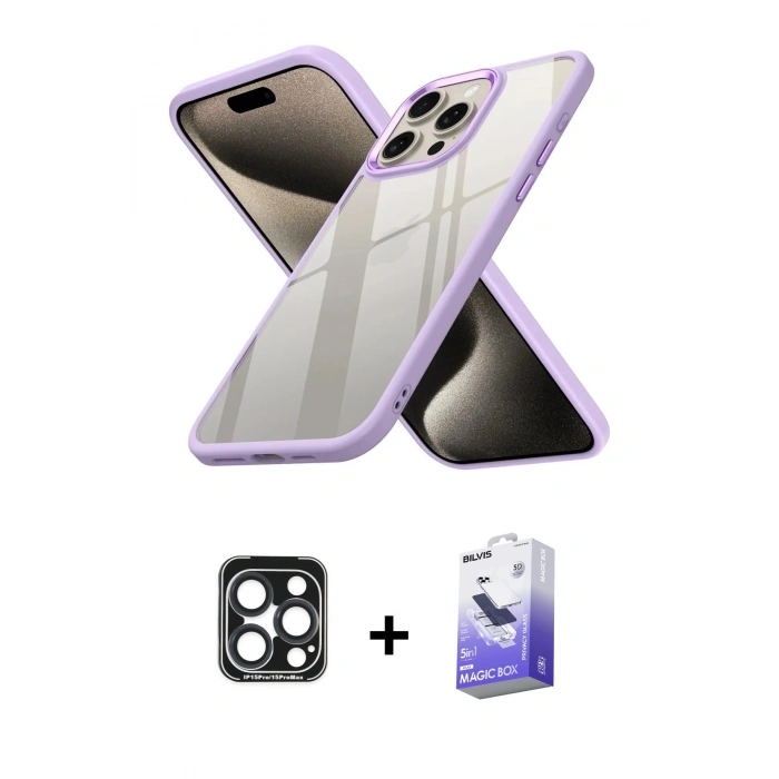 MARSİLYAN™- iPhone 15 Pro Max Kılıf Nova Işık Serisi - Siyah Bilvis 5in1 5D Magic Hayalet Cam Ekran Koruyucu + PVD Metal Kamera Lens - LT