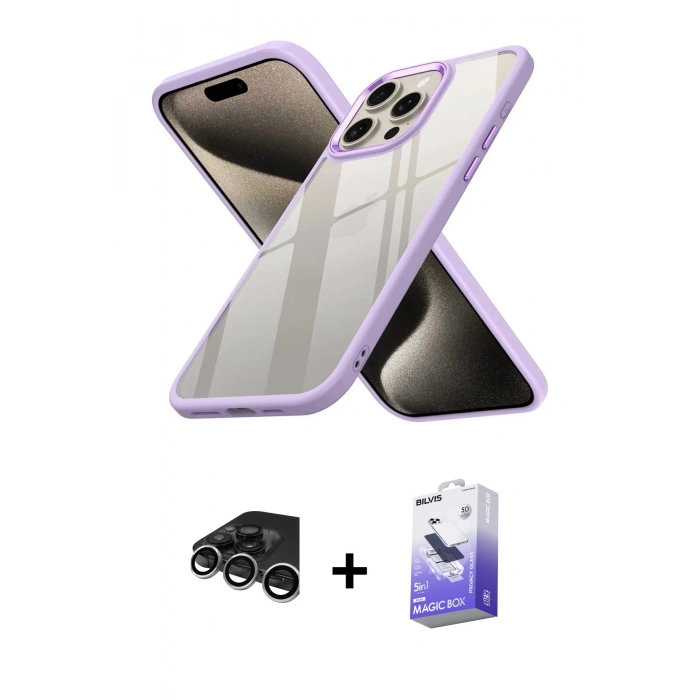MARSİLYAN™- iPhone 15 Pro Max Kılıf Nova Işık Serisi - Siyah Bilvis 5in1 5D Magic Hayalet Cam Ekran Koruyucu + Raze Metal Kamera Lens - GS