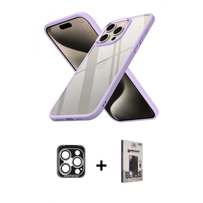 MARSİLYAN™- iPhone 15 Pro Max Kılıf Nova Işık Serisi - Siyah Bilvis Hayalet Cam Ekran Koruyucu + Gümüş PVD Metal Kamera Lens
